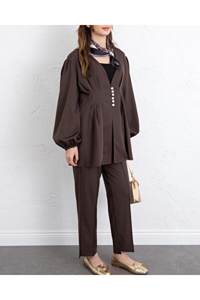 Modamorfo Stoned Buttoned Elastic Sleeve Double Trouser Suit -K. Coffee