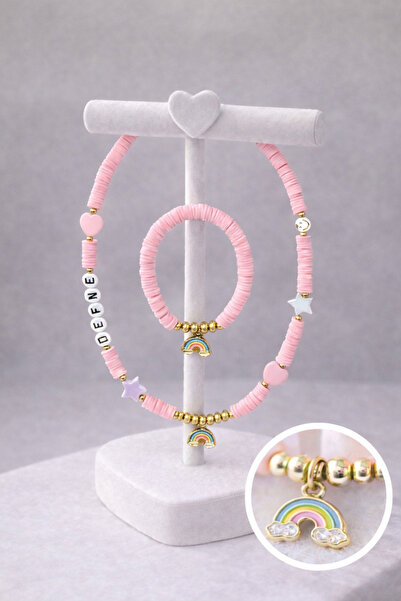 Moonbelle İsme Özel Elyapımı Gökkuşağı Figürlü Kız Çocuk Kolye ve Bileklik Seti