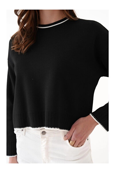 MetuCA Women's Black Shepherd Stitching Detailed Crew Neck Soft Texture Crop ...