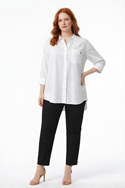Neden Tekstil White Linen Textured Asymmetrical Shirt with Printed Back