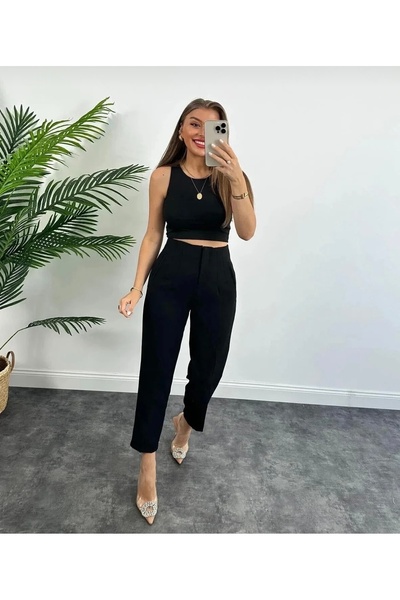 Elit Kadın siyah yüksek bel pensli kumaş pantolon