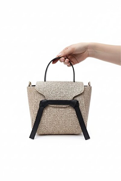 Fibag Women's Straw Look Bag - Black Handle Detail - Stylish Everyday Bag