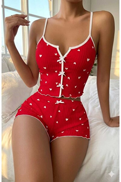 Funny Life Σετ πιτζάμες με κόκκινο σχέδιο καρδιάς, λεπτομέρεια φιόγκου και σο...