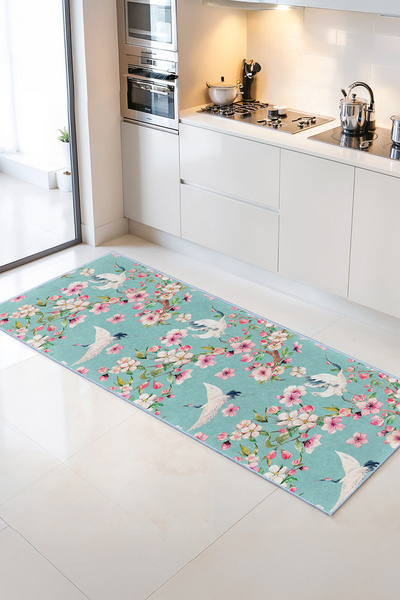 Home Çiçeklerle Süslenmiş Su Yeşili Zeminli Şık Dekoratif Mutfak Halısı