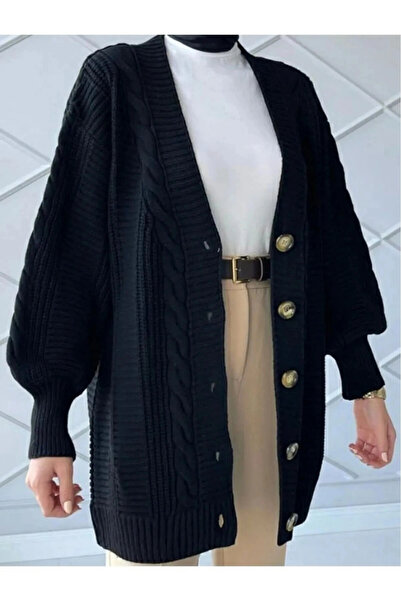 MetuCA Women's Black Hair Braided Patterned Buttoned Balloon Sleeve Oversize ...