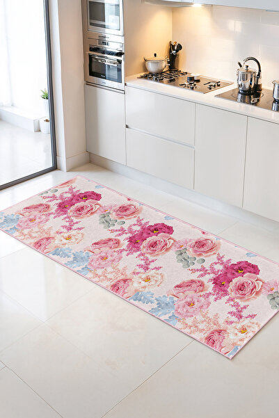 Home Şık Pembe Çiçek Desenli Kadife Dokulu Mutfak Halısı