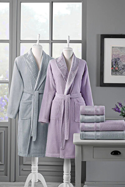 Özdilek طقم روب حمام عائلي من دورى - ليلك - رمادي