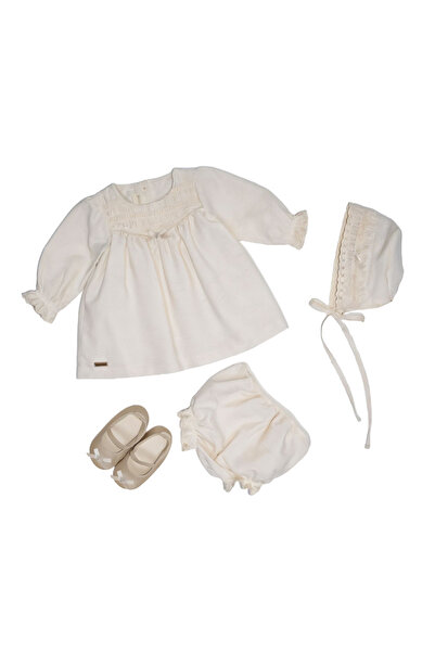 Generic ميني جنتل طقم فستان بناتي كتان - 4 قطع - بيج