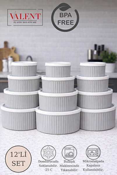 VALENT 12'li Çizgili Yuvarlak Saklama Seti Gri | 3LT 1.8LT 1LT 0.55LT | Mikro...