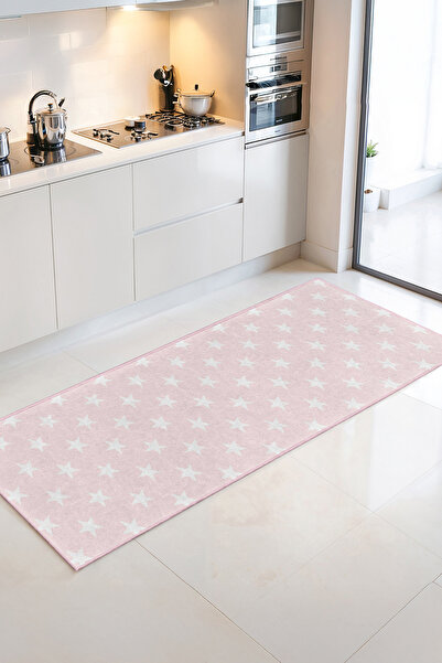 Home Açık Pembe Zeminli Yıldız Desenli Uğur Kaymaz Taban Dekoratif Mutfak Halısı