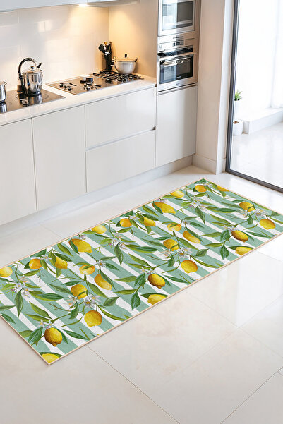 Home Sarı Limonlu Şık Çiçek Desenli Dekoratif Mutfak Halısı