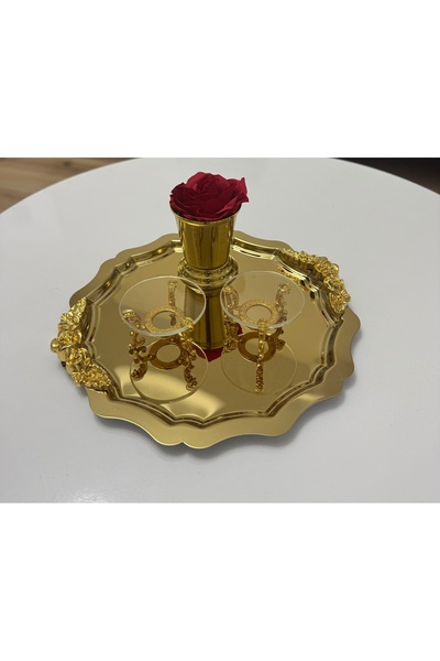 SEVA ÇELİK SÖZ NİŞAN YÜZÜK TEPSİSİ GOLD YUVARLAK KULPLU TEPSİ - GOLD CAM YÜZÜ...