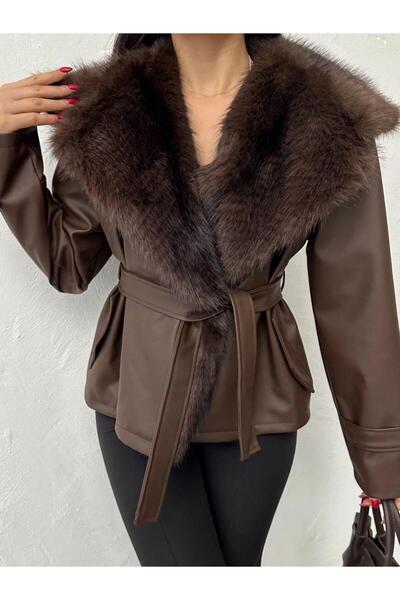 Ekim Store Leather Jacket with Fur Collar and Belt