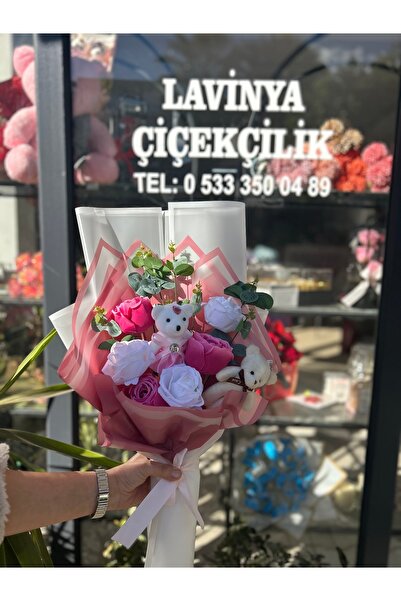 Tasarım Yapay Ayıcıklı Pembe Gül Buketi