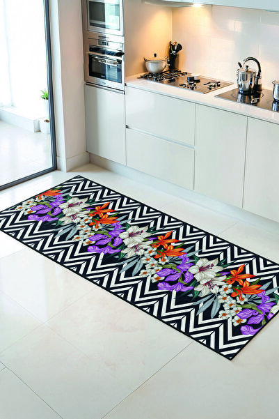 Home Çiçek Desenli Siyah Zeminli Modern Tarz Dekoratif Mutfak Halısı