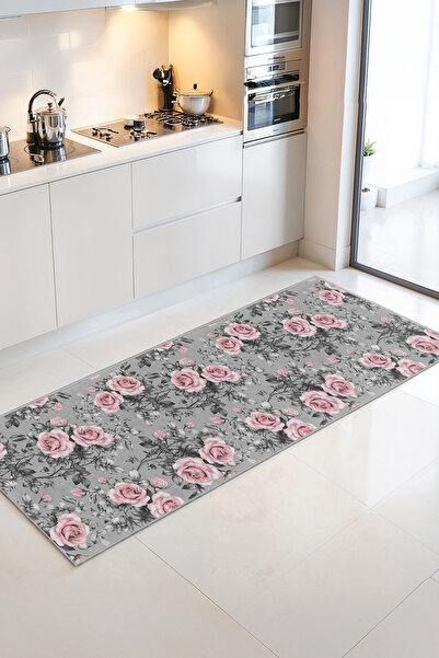 Home Pembe Gül Desenli Şık ve Modern Mutfak Halısı
