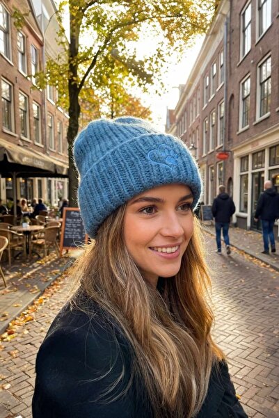 CANMODA Recien Women's Aqua Blue Embroidery Detailed Ribbed Knit Winter Knitw...