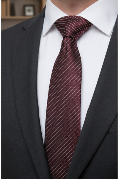 Gutiero Burgundy White Striped Classic Tie with Handkerchief