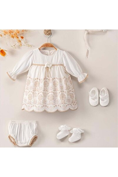 Generic ميني جنتل طقم فستان بناتي كرنكل على تطريز برودا - 5 قطع - أبيض