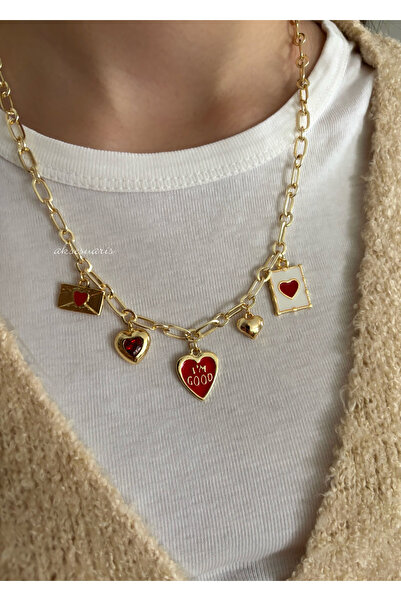 aksesuaris 5-Piece Red Themed Charm Love Necklace