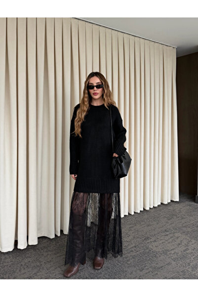 Laluvia Black Tulle Detailed Long Knit Dress - 251009