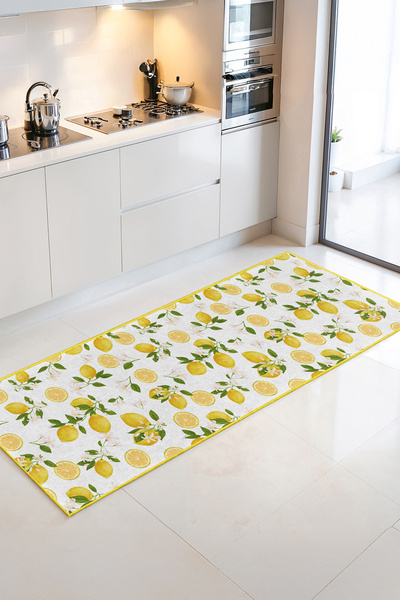 Home Limon ve Çiçek Desenli Canlı Renkli Dekoratif Mutfak Halısı