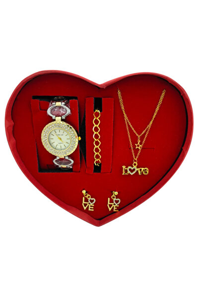 TEKMAKG Krem Kadran Taşlı Kadın Saat Takı Seti LOVE Kolye Küpe Kutulu
