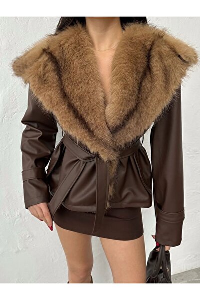Ekim Store Leather Jacket with Fur Collar and Belt