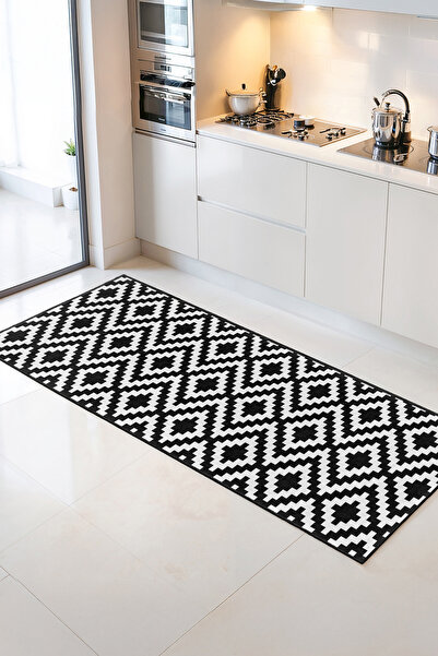 Home Siyah Beyaz Geometrik Desenli Modern Dekoratif Mutfak Halısı