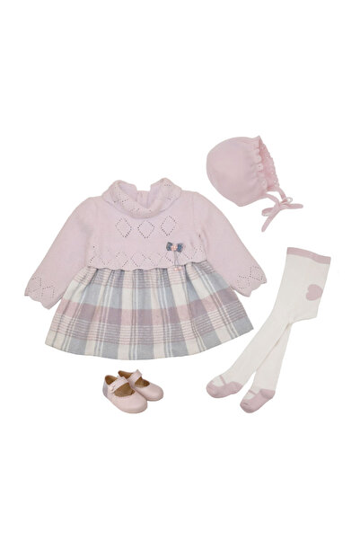 Generic ميني جنتل طقم فستان بناتي تريكو وجوخ - 4 قطع - وردي ورمادي