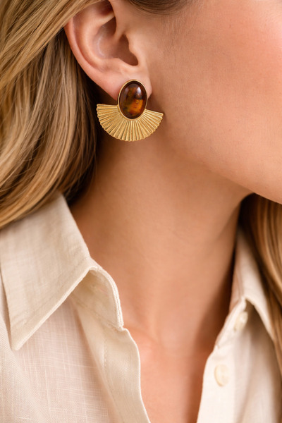 POYASE أقراط بيضاوية الشكل مرصعة بالحجارة على شكل مروحة باللون الذهبي مع خيار...