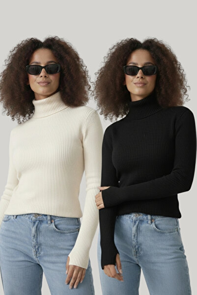MetuCA 2-Pack Black and Ecru Finger-Interlocking Turtleneck Ribbed Knitwear S...