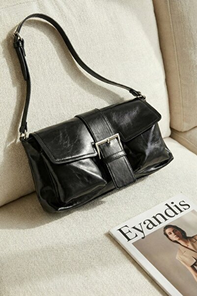 eyandis Kadın Büyük Tokalı Cep Detaylı Siyah Baget Vintage Retro Stil Omuz ve...