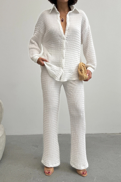 Lusin Women's Ecru Soft Textured Shirt and Pants Double Premium Quality Set