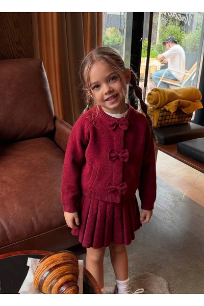 UNICORN 🎀 Fiyonk Aplikeli Premium Kalite Triko Kız Çocuk Hırka & Etek Takım