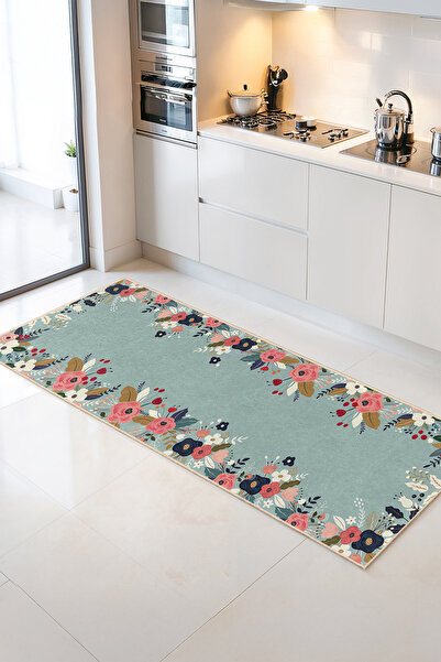 Home Çiçekli Motiflerle Süslenmiş Mavi Zeminli Şık Dekoratif Mutfak Halısı
