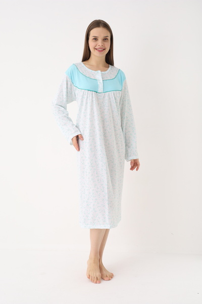 YASAR UNDERWEAR Women's Cotton Long Sleeve Patterned Buttoned Long Nightgown