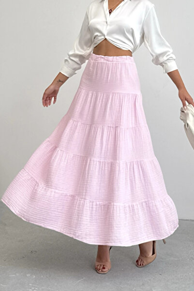 Lusin Women's Candy Pink Lined Muslin Fabric Premium Long Skirt