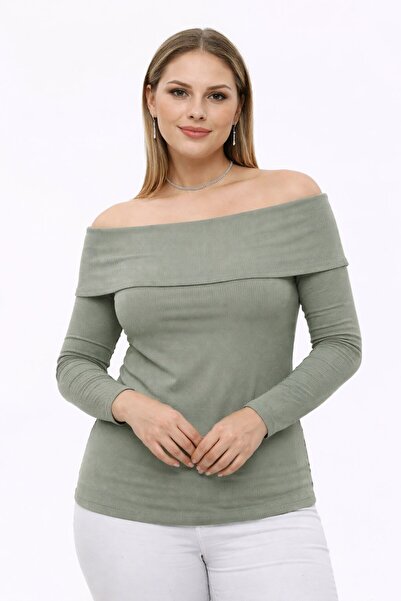 Seamoda Plus Size Madonna Collar Lycra Ribbed Blouse-Navy Green