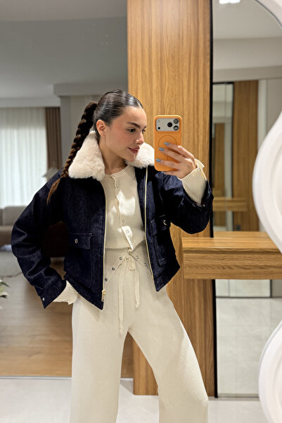 buqre's moda سترة نسائية من الدنيم مع ياقة من القطيفة