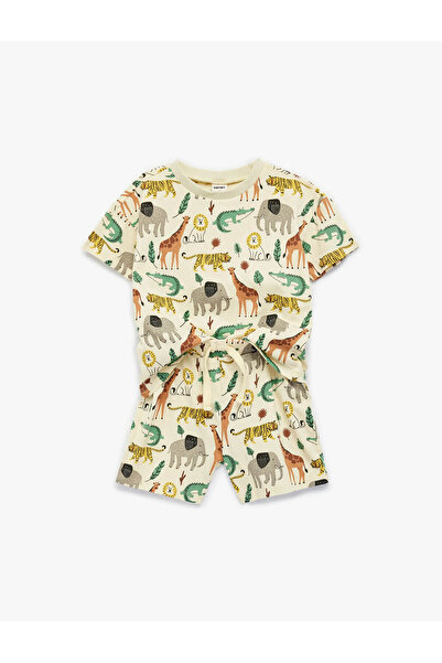 Koton Animals Printed 2-Piece Beige Baby Boy Top and Bottom Set 6Smb10093Tk