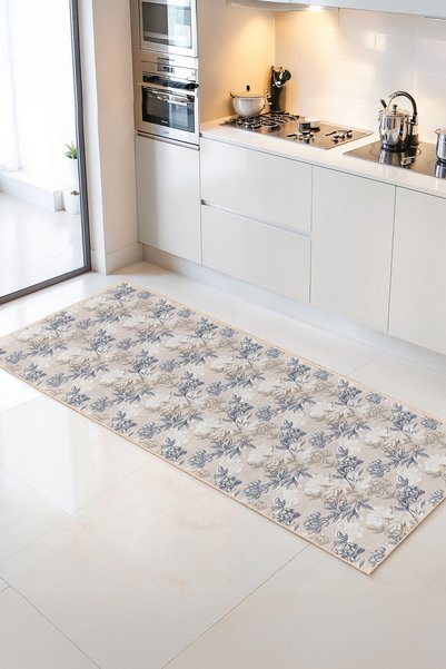 Home Çiçek Desenli Bej Zeminli Şık Dekoratif Mutfak Halısı