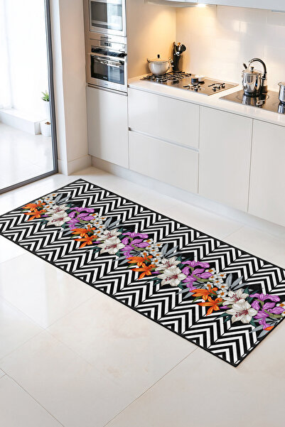 Home Beyaz ve Mor Çiçek Desenli Siyah Zeminli Modern Mutfak Halısı
