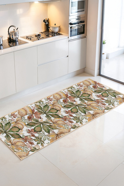 Home Bahar Renklerinde Yaprak Desenli Canlı Mutfak Halısı