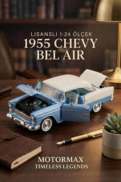 craftivio Motormax 1:24 1955 Chevy Bel Air Diecast Metal Model Araba Mavi Beyaz