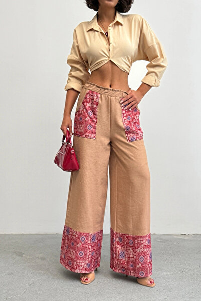 Lusin Women's Brown Ethnic Patterned Sofia Linen Trousers