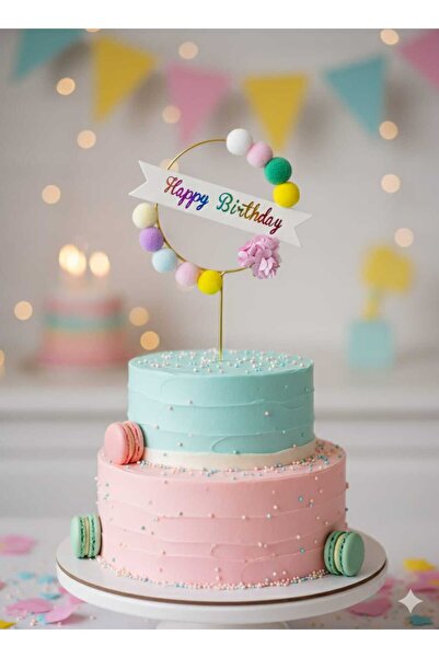 Pasta üstü çubuklu happy birthday ponponlu pembe çiçekli