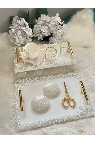 RESİNARTSHOP Epoksi Tepsi Dikdörtgen Full İncili Nişan Tepsisi Seti Gold