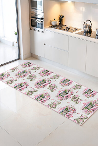 Home Çiçek Desenli Pembe Araba Motifli Ferah Görünümlü Dekoratif Mutfak Halısı