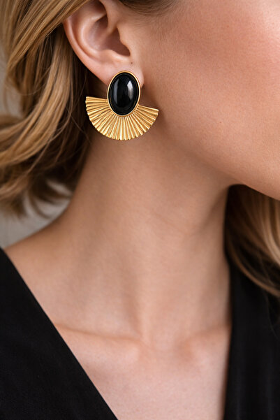 POYASE أقراط بيضاوية الشكل مرصعة بالحجارة على شكل مروحة باللون الذهبي مع خيار...